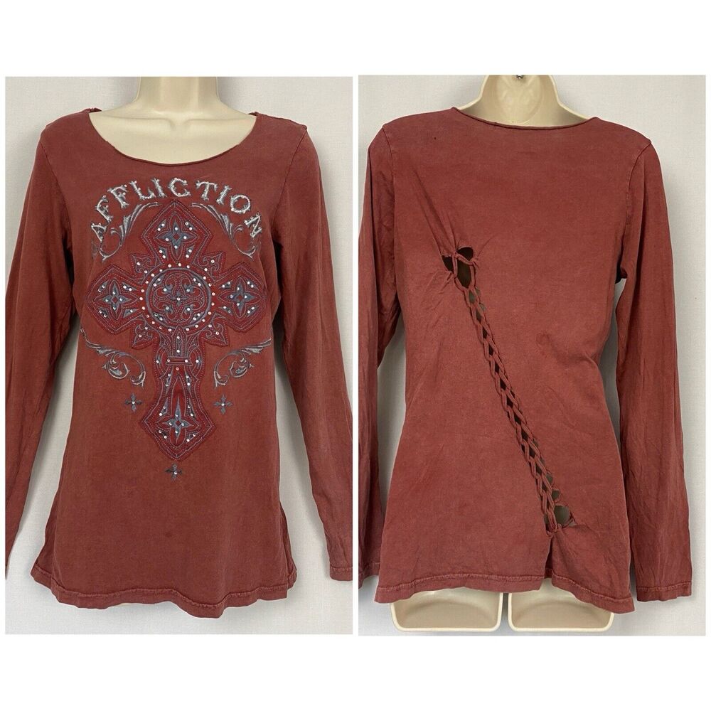 Affliction Top Womens Medium Cross Rhinestone Studded Lace Up Back Long Slv Red